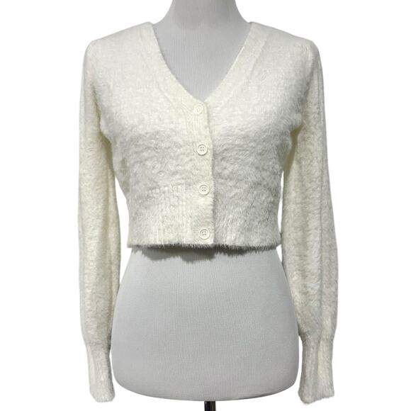 Freshman 1996 Cardigan Sweater Fuzzy White Cropped Button Front V-Neck Sz Small - Picture 1 of 6